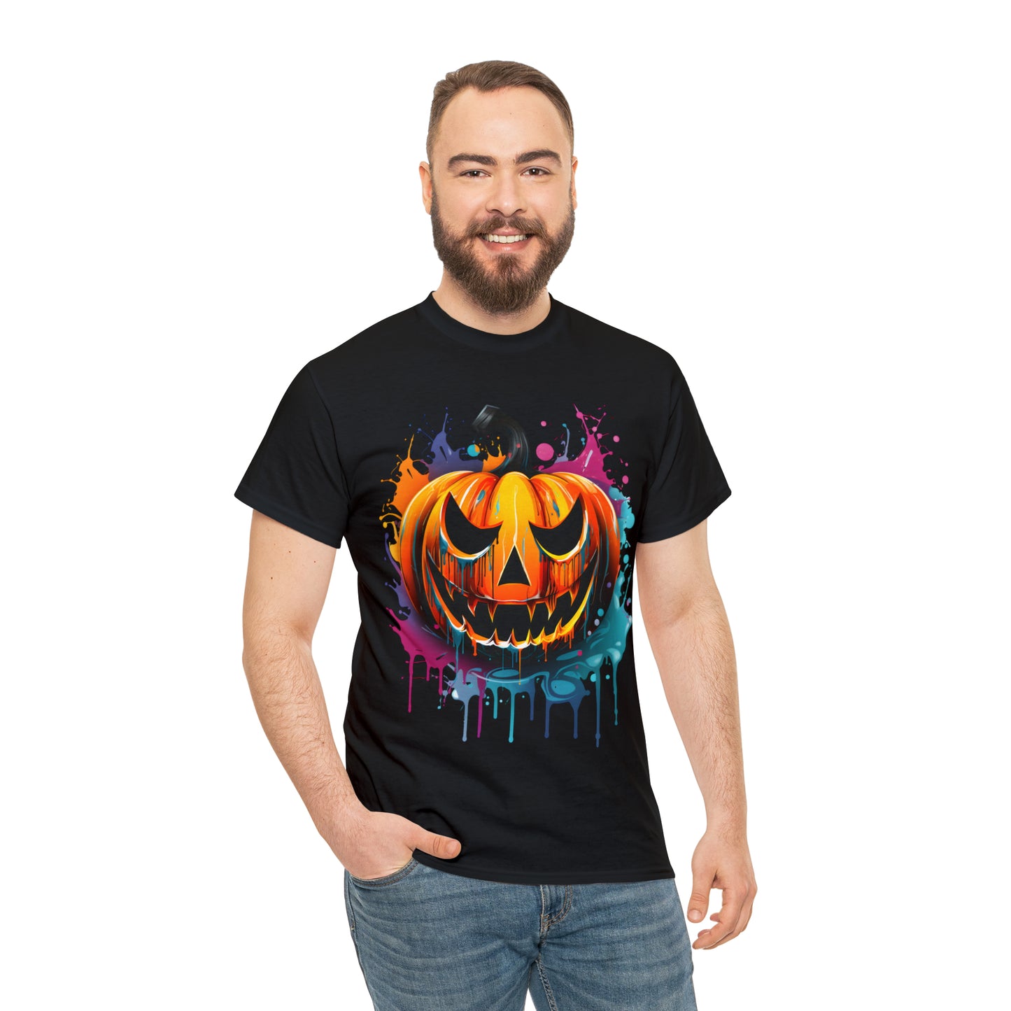 Halloween Pumpkin Rainbow Splash Short Sleeve Graphic T-Shirt (S-3XL)