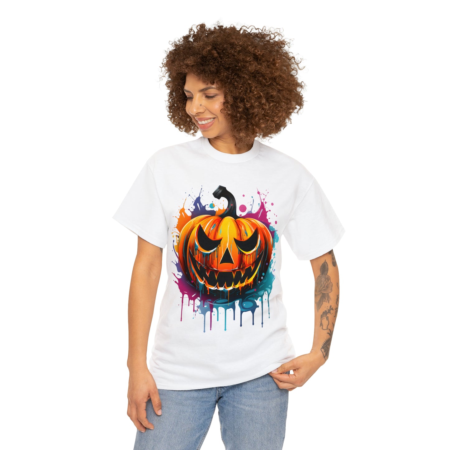 Halloween Pumpkin Rainbow Splash Short Sleeve Graphic T-Shirt (S-3XL)