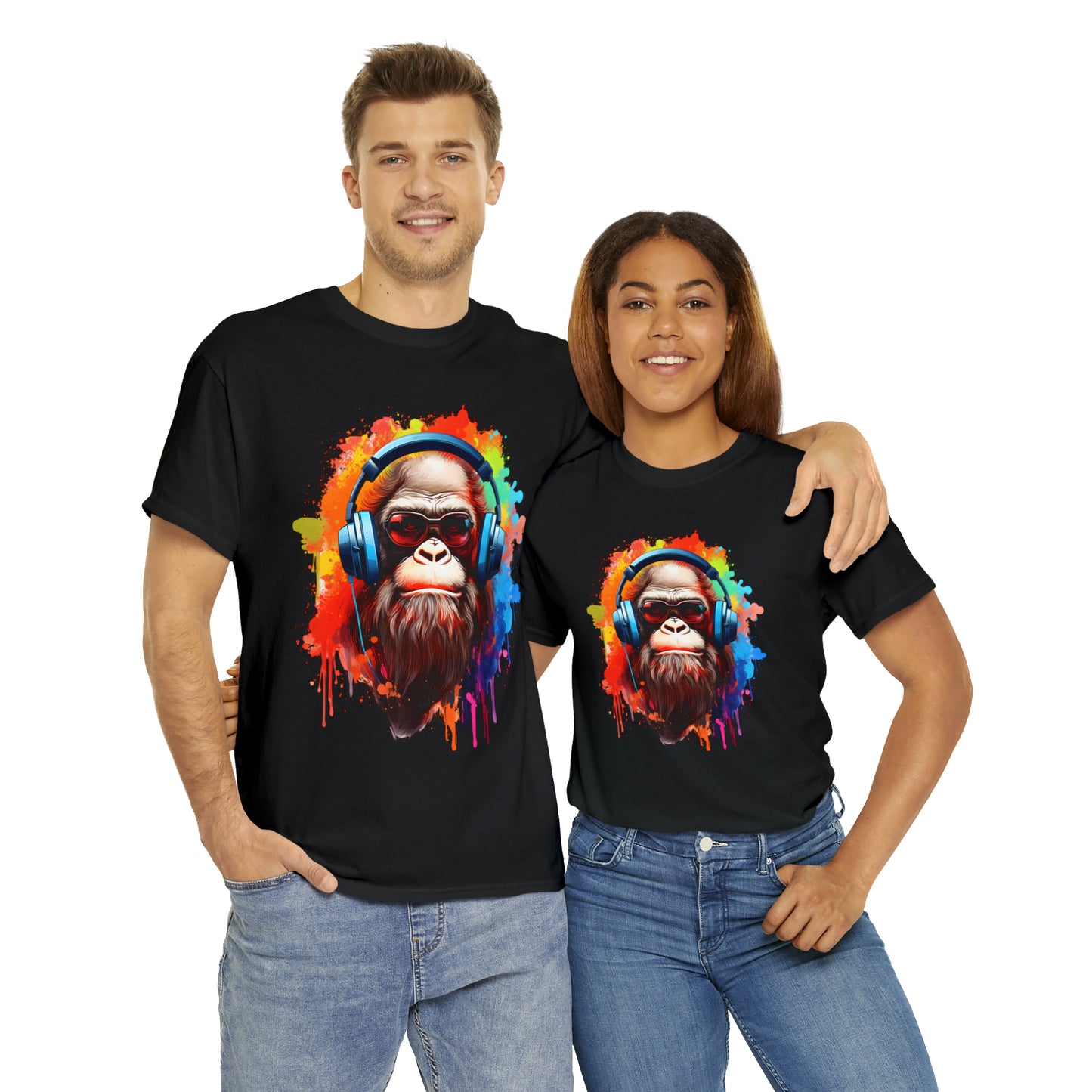 Big Foot with Headphones Rainbow Splash Short Sleeve Graphic T-Shirt (S-3XL)