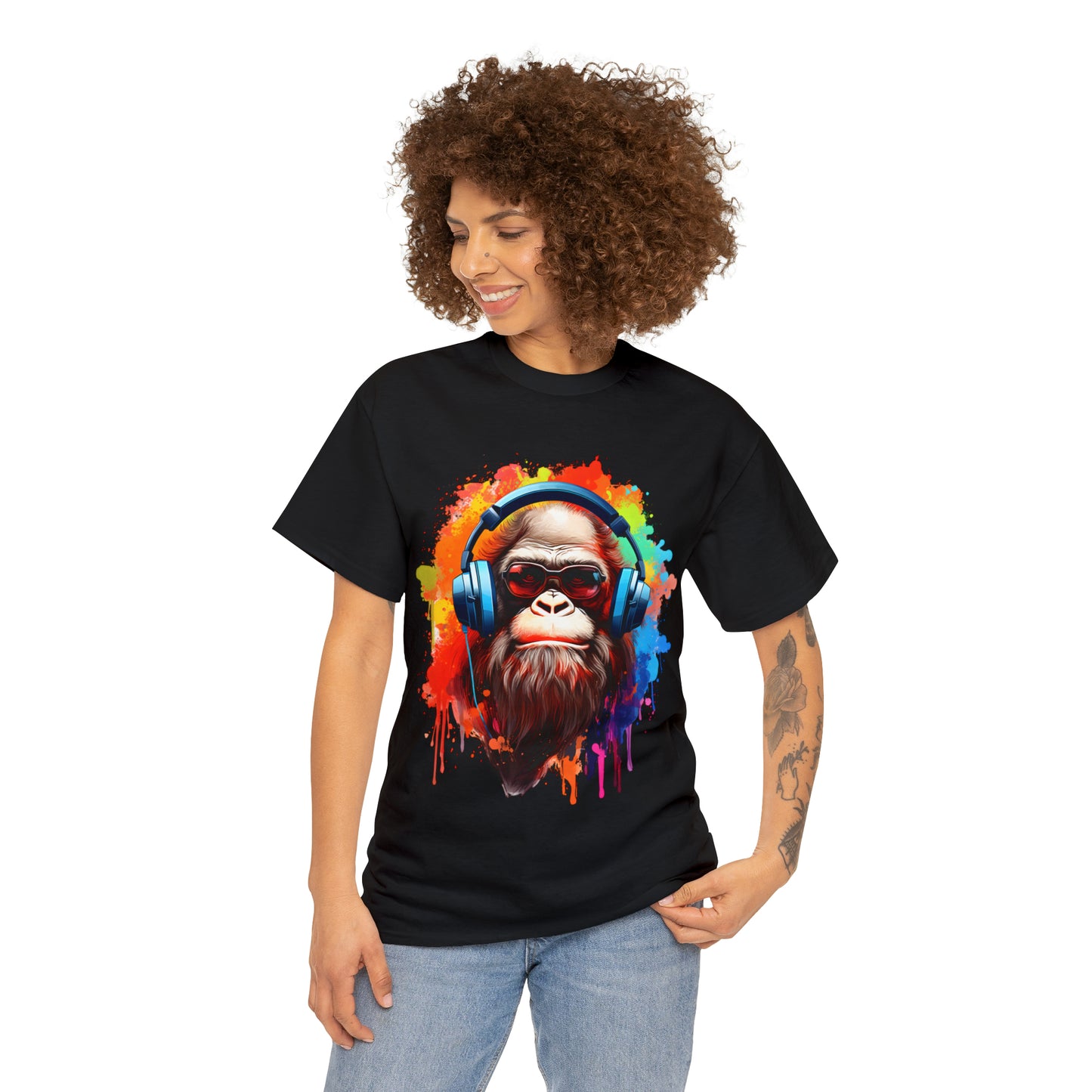 Big Foot with Headphones Rainbow Splash Short Sleeve Graphic T-Shirt (S-3XL)