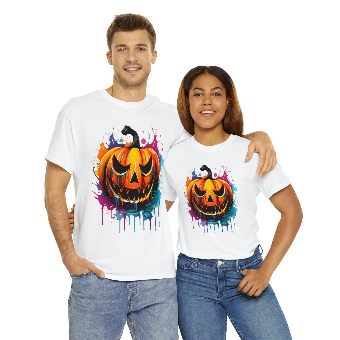 Halloween Pumpkin Rainbow Splash Short Sleeve Graphic T-Shirt (S-3XL)