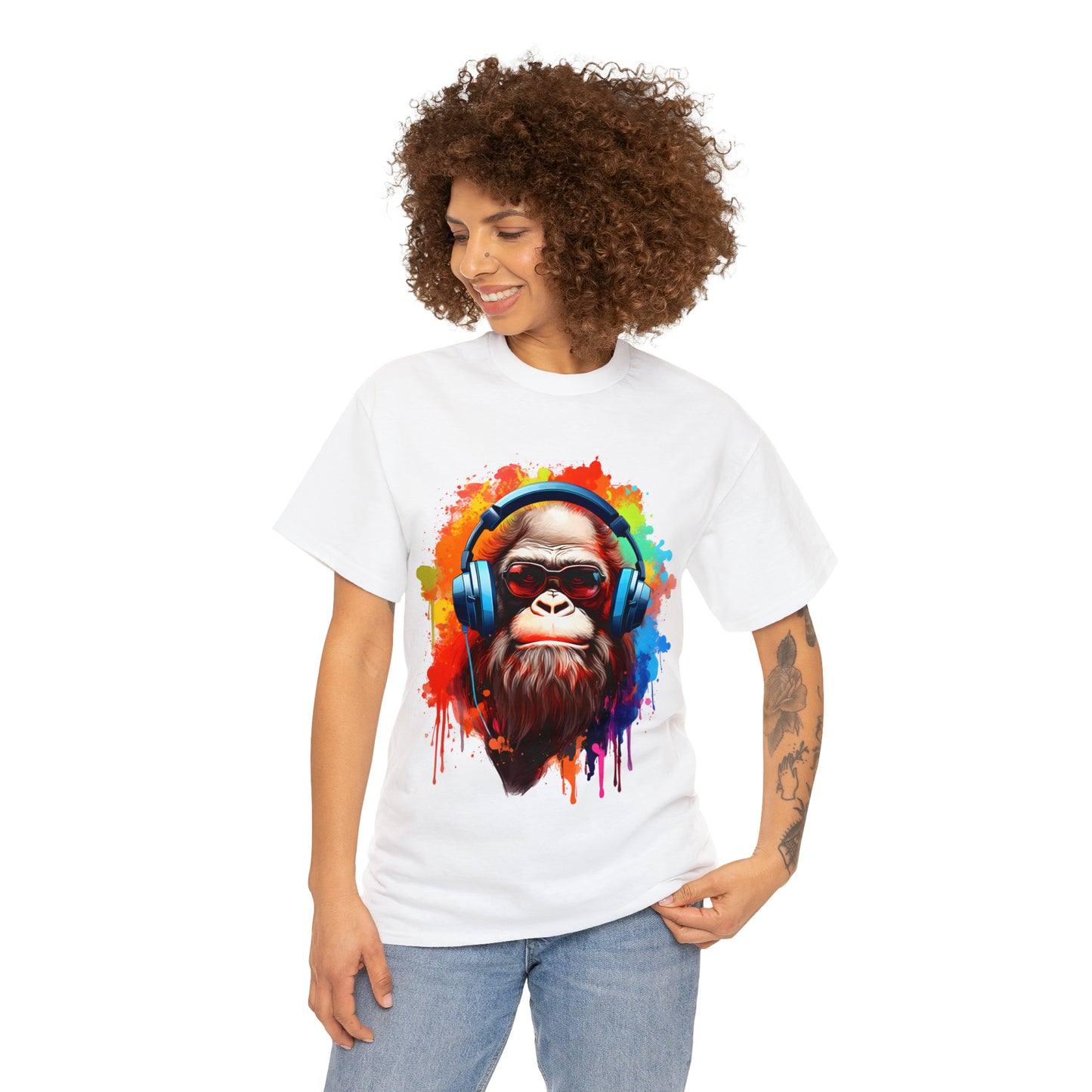 Big Foot with Headphones Rainbow Splash Short Sleeve Graphic T-Shirt (S-3XL)