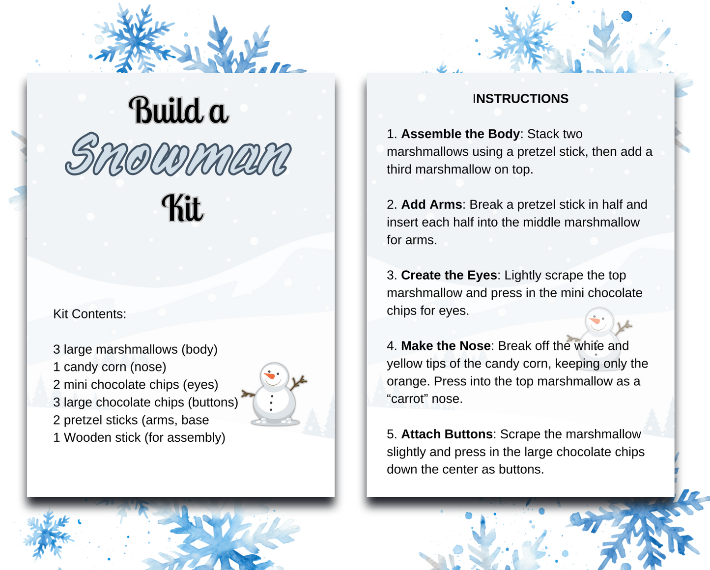 Build a Snowman Kit | Edible Snowman Treats | Party Treat Bags | Classroom Activity | Party Favors | Marshmallow Treats | Stocking Stuffer