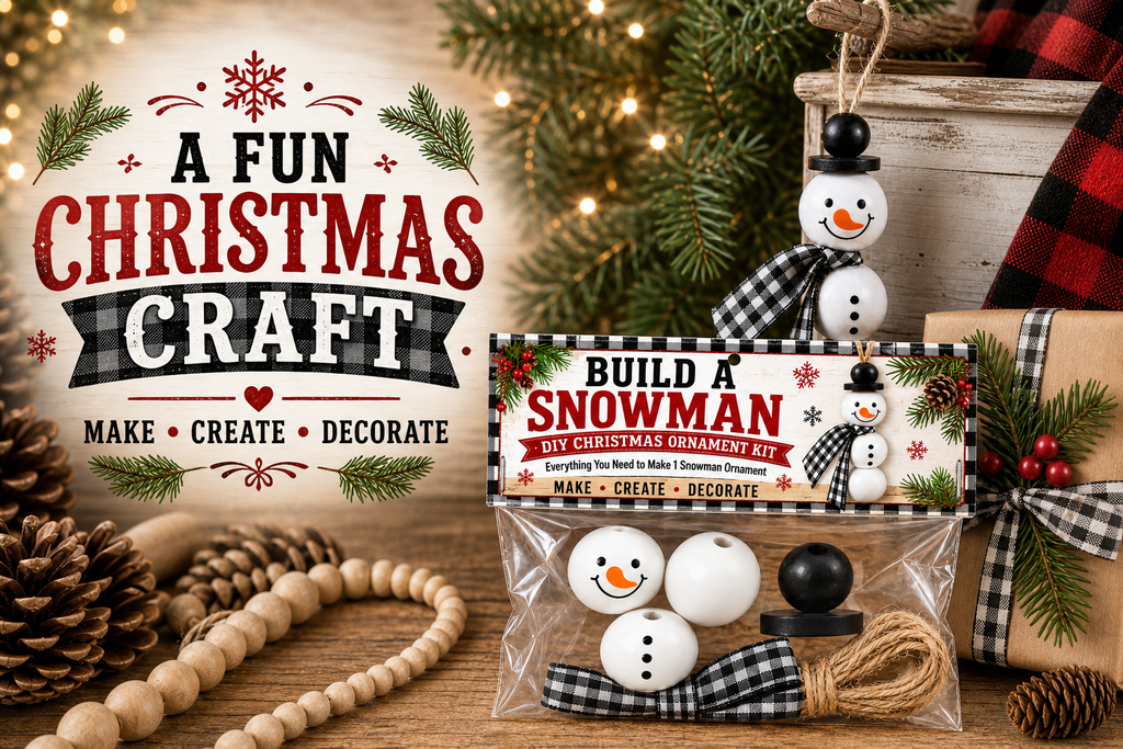 Build a Snowman Ornament Kit, DIY Christmas Craft, Wooden Bead Snowman