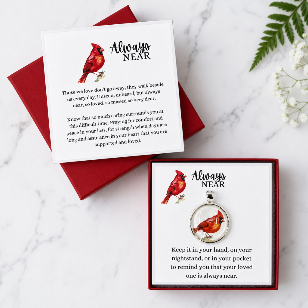 Cardinal Always Near Glass Pendant with Gift Box
