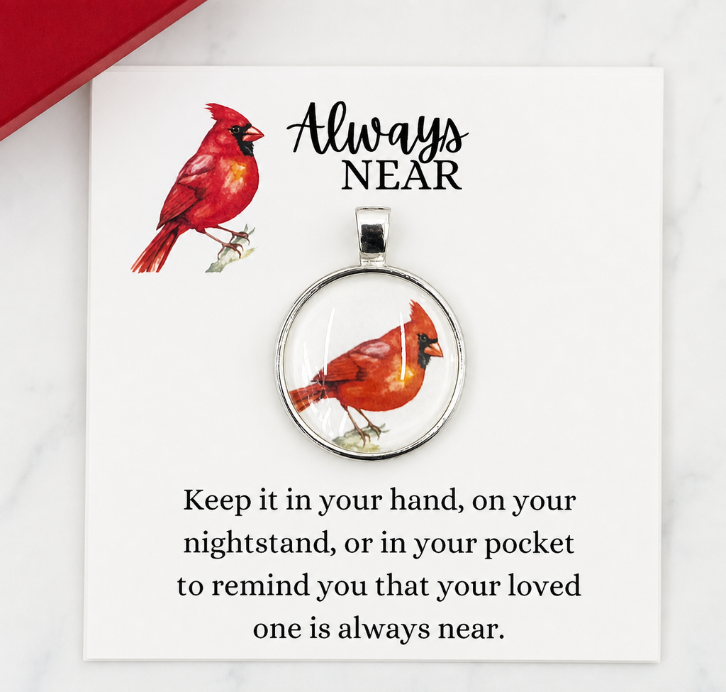 Cardinal Always Near Glass Pendant with Gift Box