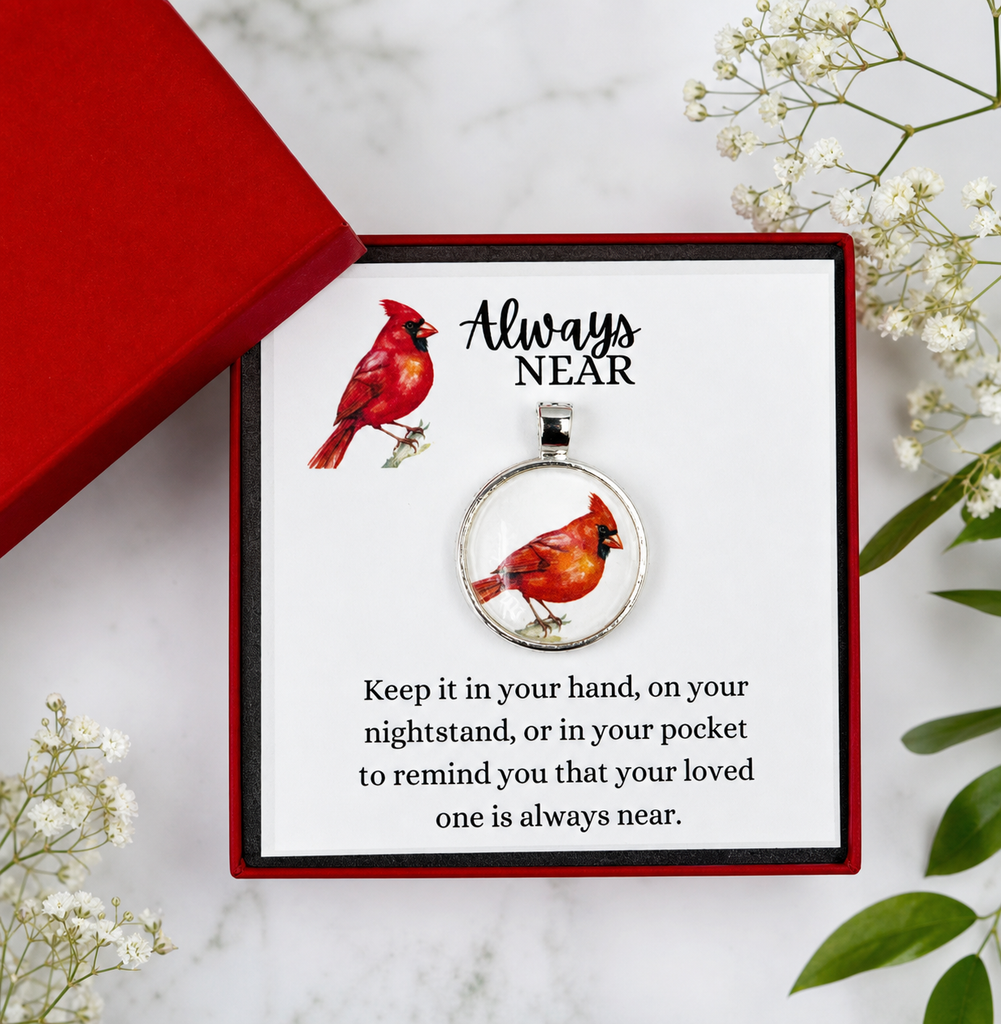 Cardinal Always Near Glass Pendant with Gift Box