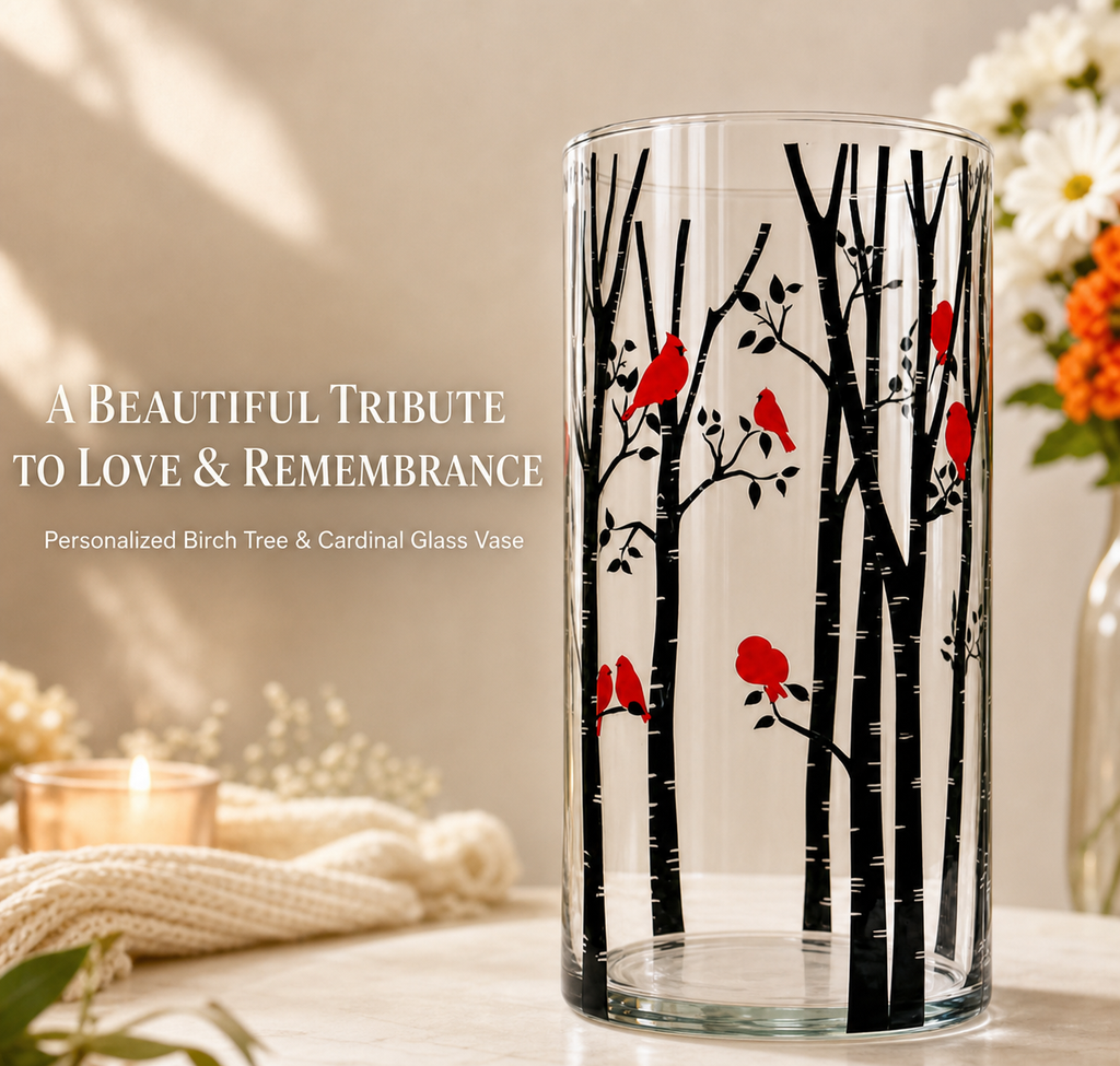 Birch Tree with Cardinals Glass Vase | Memorial & Remembrance Gift