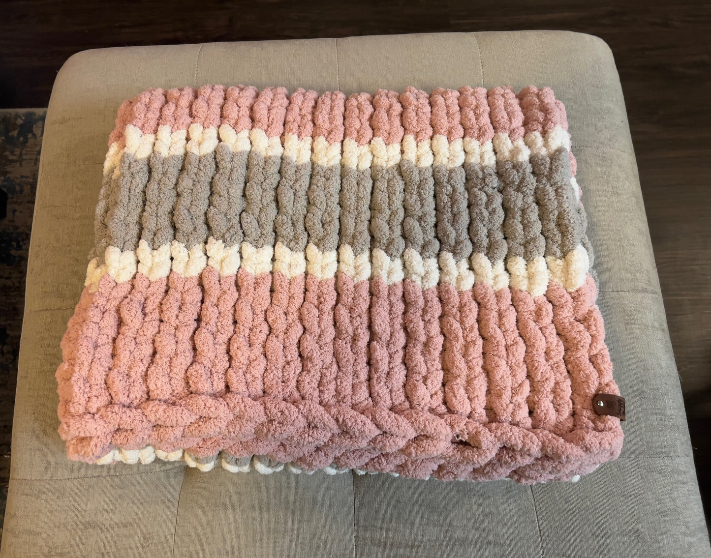 Custom Hand-Knit Chunky Throw Blanket | Pink, White & Light Gray | Ultra Soft & Cozy