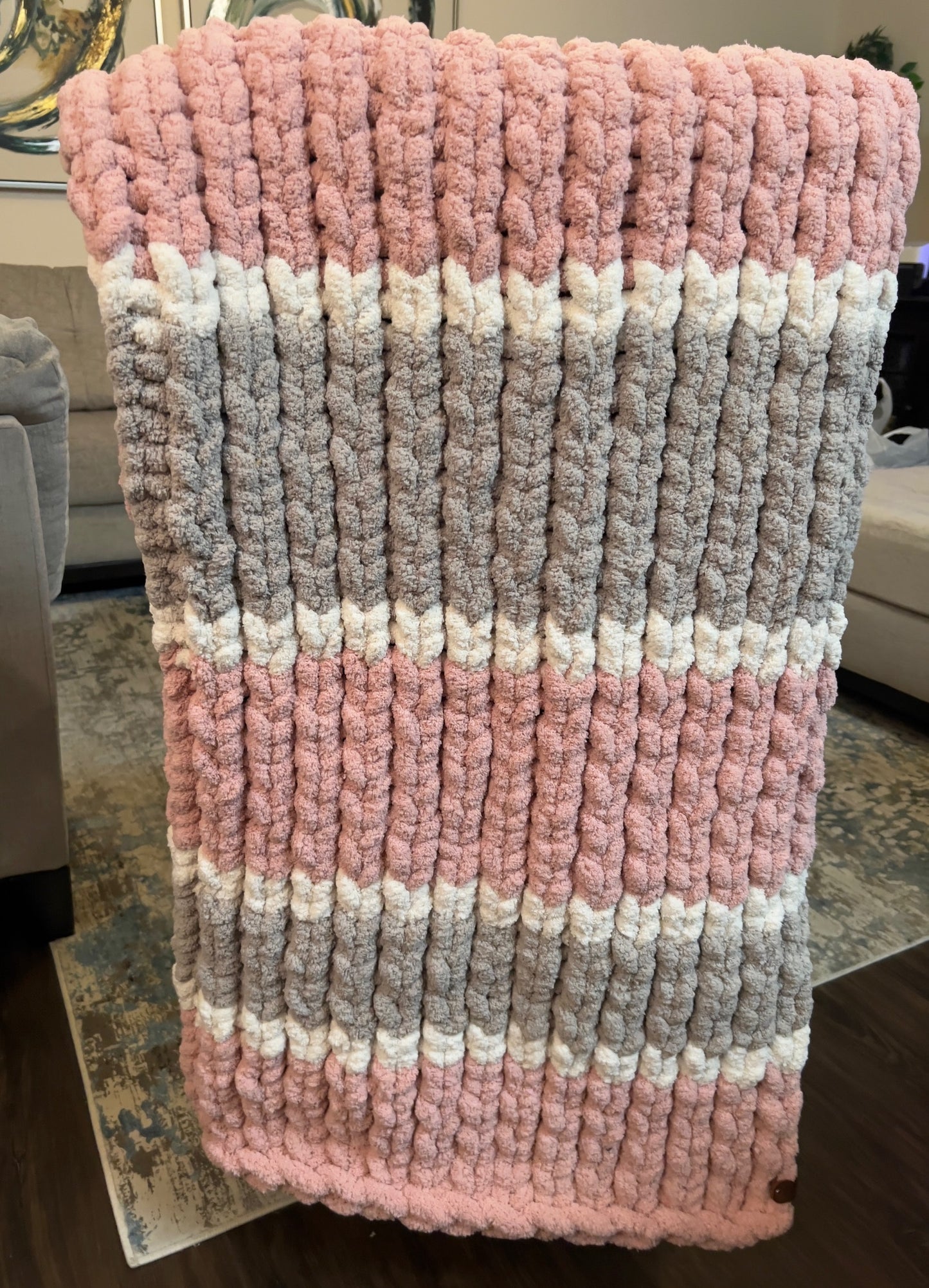 Custom Hand-Knit Chunky Throw Blanket | Pink, White & Light Gray | Ultra Soft & Cozy