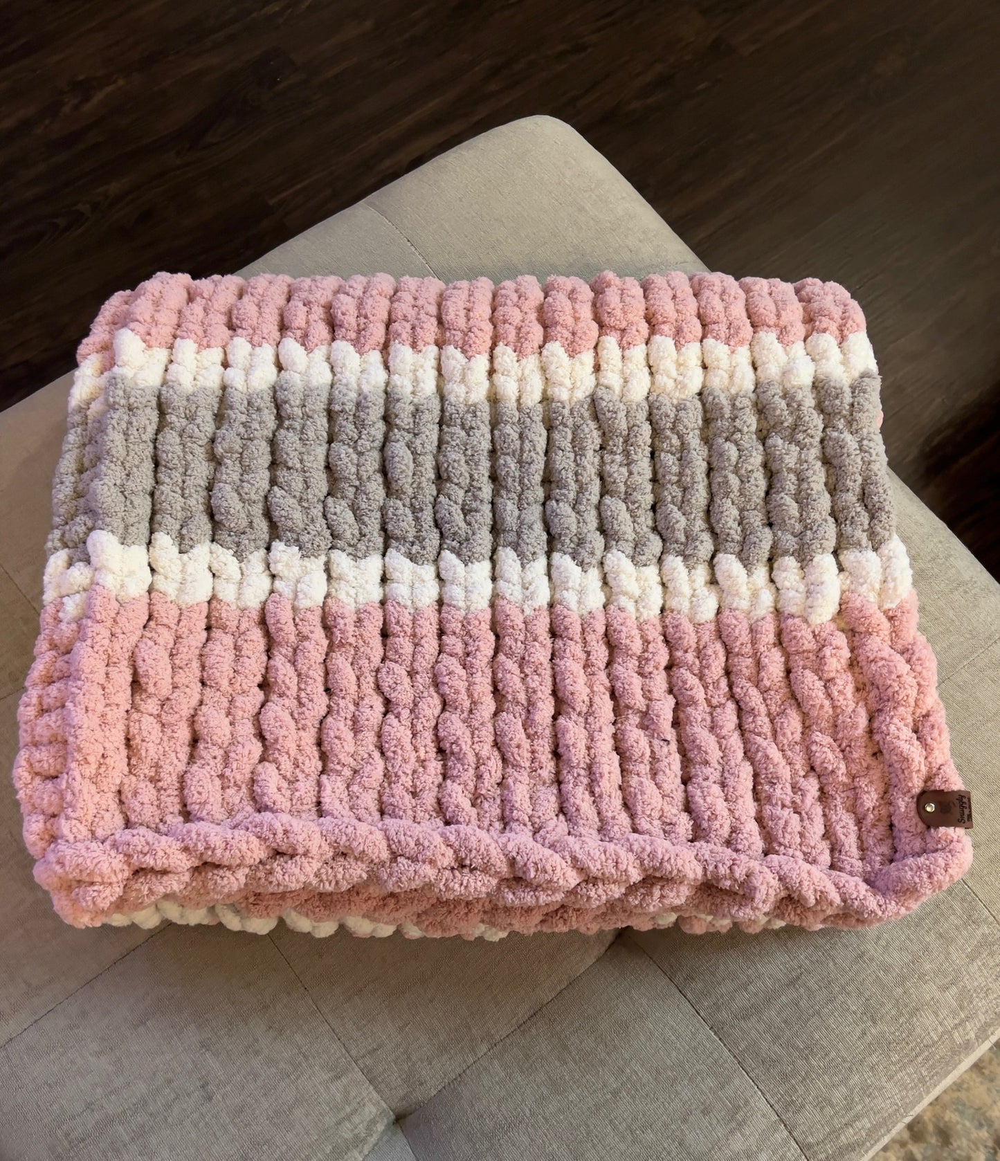 Custom Hand-Knit Chunky Throw Blanket | Pink, White & Light Gray | Ultra Soft & Cozy