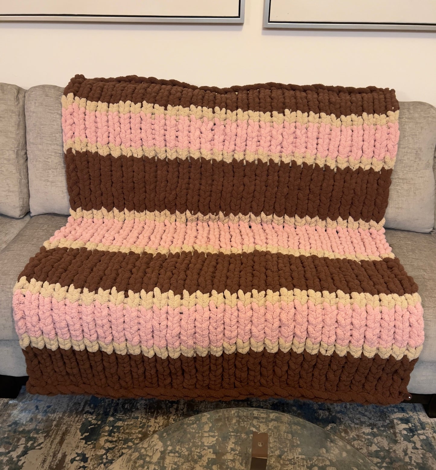 Custom Hand-Knit Chunky Throw Blanket | Brown, Beige & Pink | Ultra Soft & Cozy