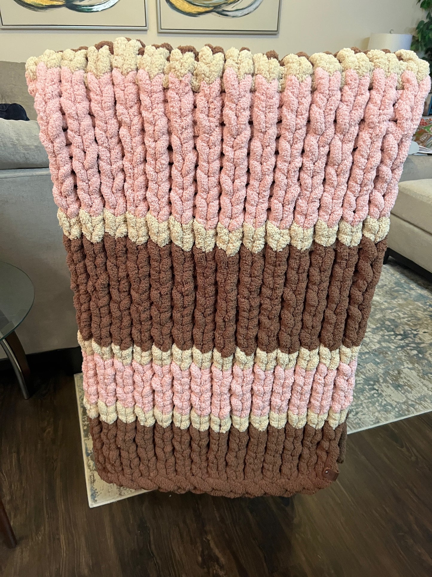 Custom Hand-Knit Chunky Throw Blanket | Brown, Beige & Pink | Ultra Soft & Cozy