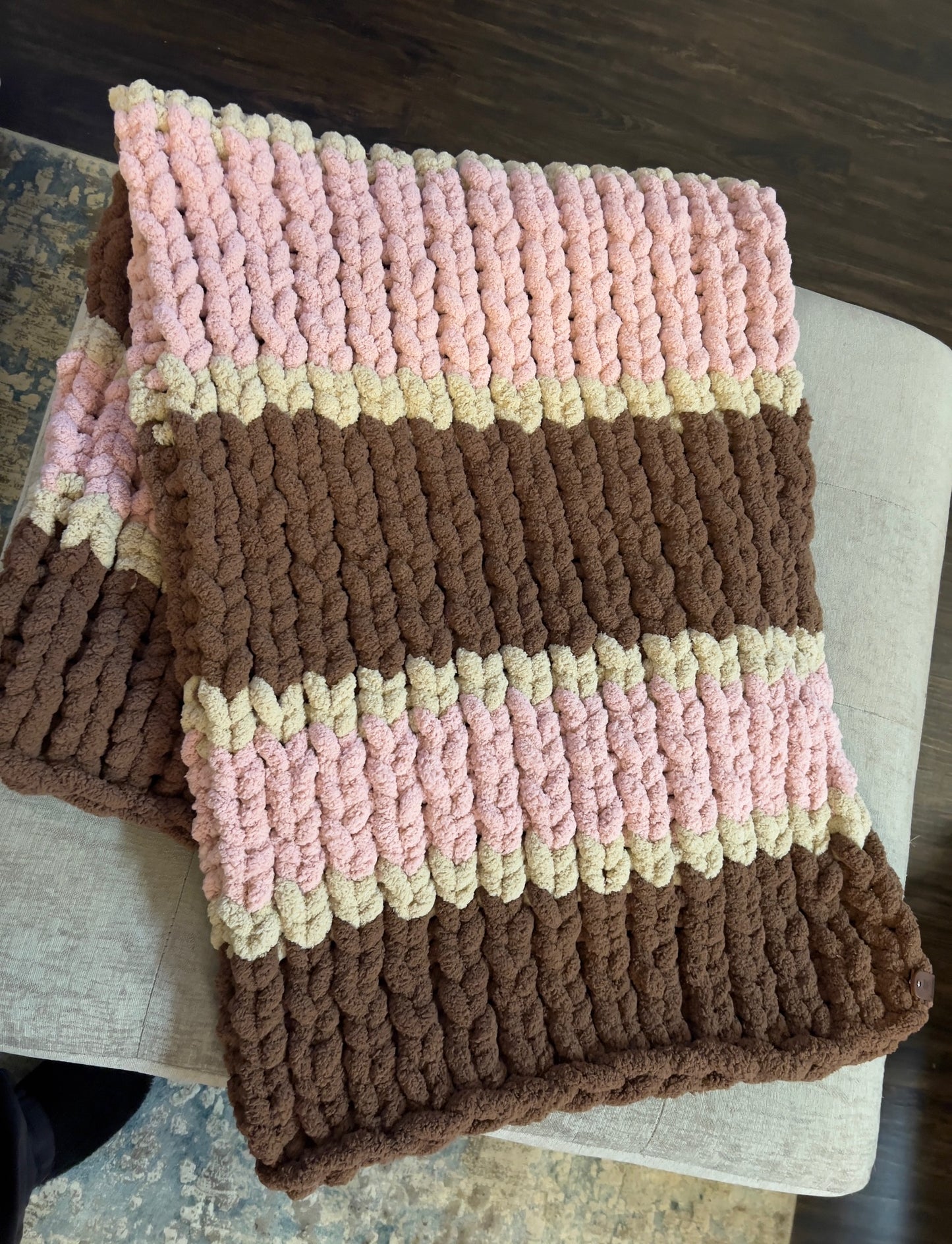 Custom Hand-Knit Chunky Throw Blanket | Brown, Beige & Pink | Ultra Soft & Cozy