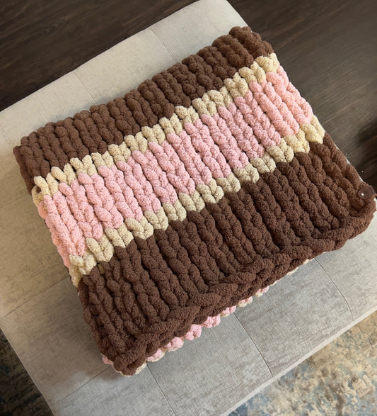 Custom Hand-Knit Chunky Throw Blanket | Brown, Beige & Pink | Ultra Soft & Cozy