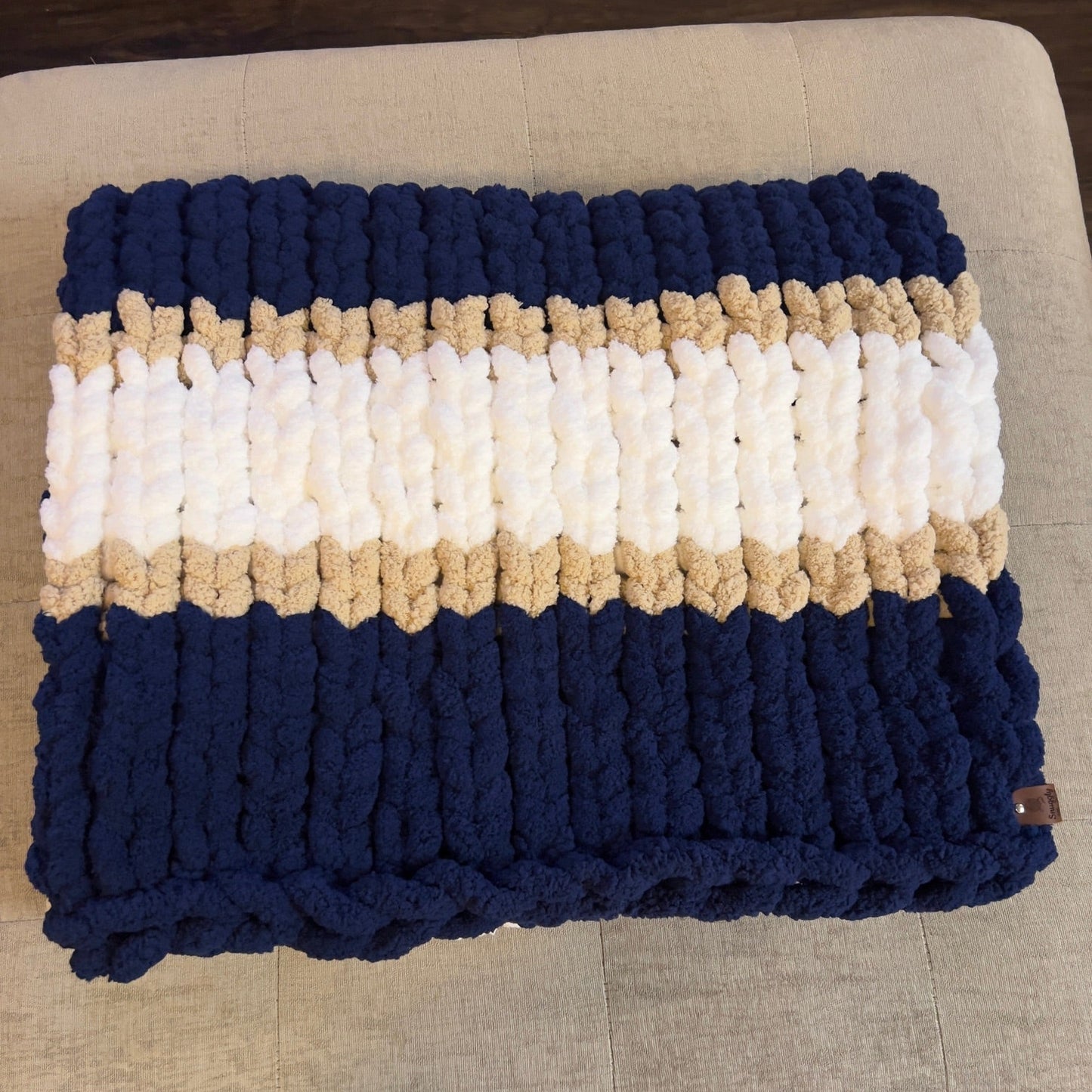 Custom Hand-Knit Chunky Throw Blanket | Navy, White & Beige | Ultra Soft & Cozy