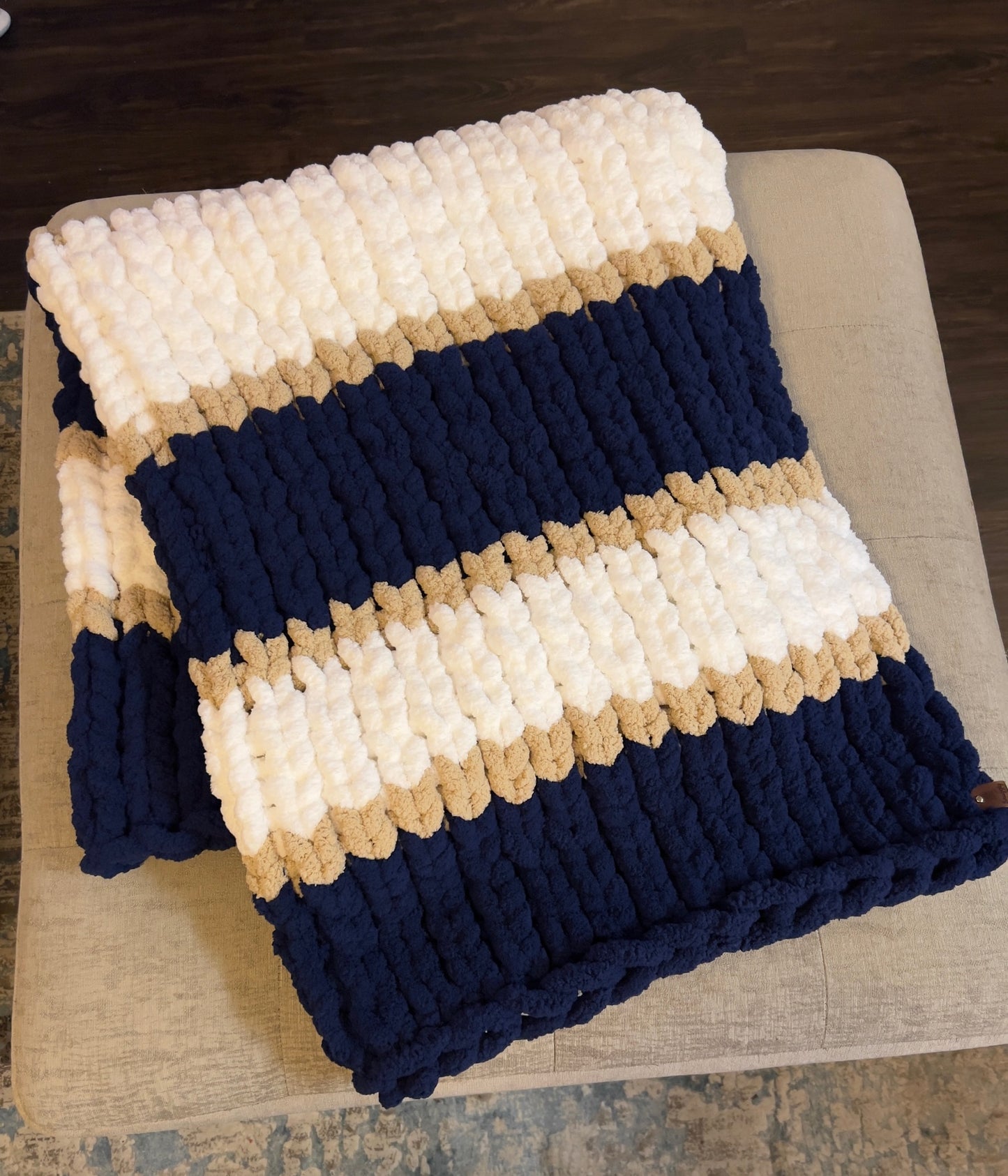 Custom Hand-Knit Chunky Throw Blanket | Navy, White & Beige | Ultra Soft & Cozy