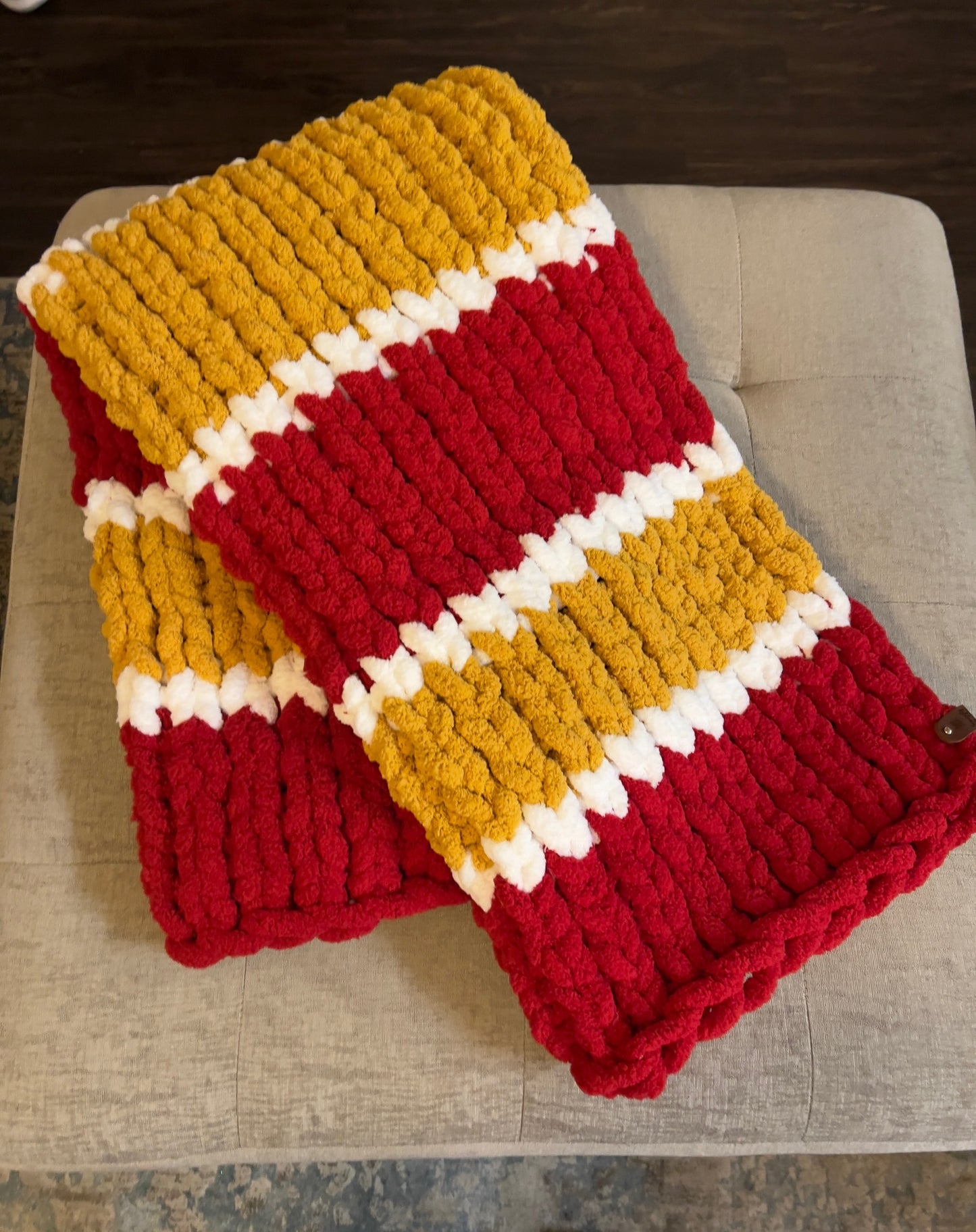 Custom Hand-Knit Chunky Throw Blanket | Red, White & Gold | Ultra Soft & Cozy