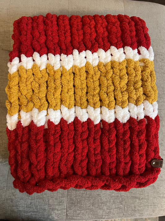 Custom Hand-Knit Chunky Throw Blanket | Red, White & Gold | Ultra Soft & Cozy