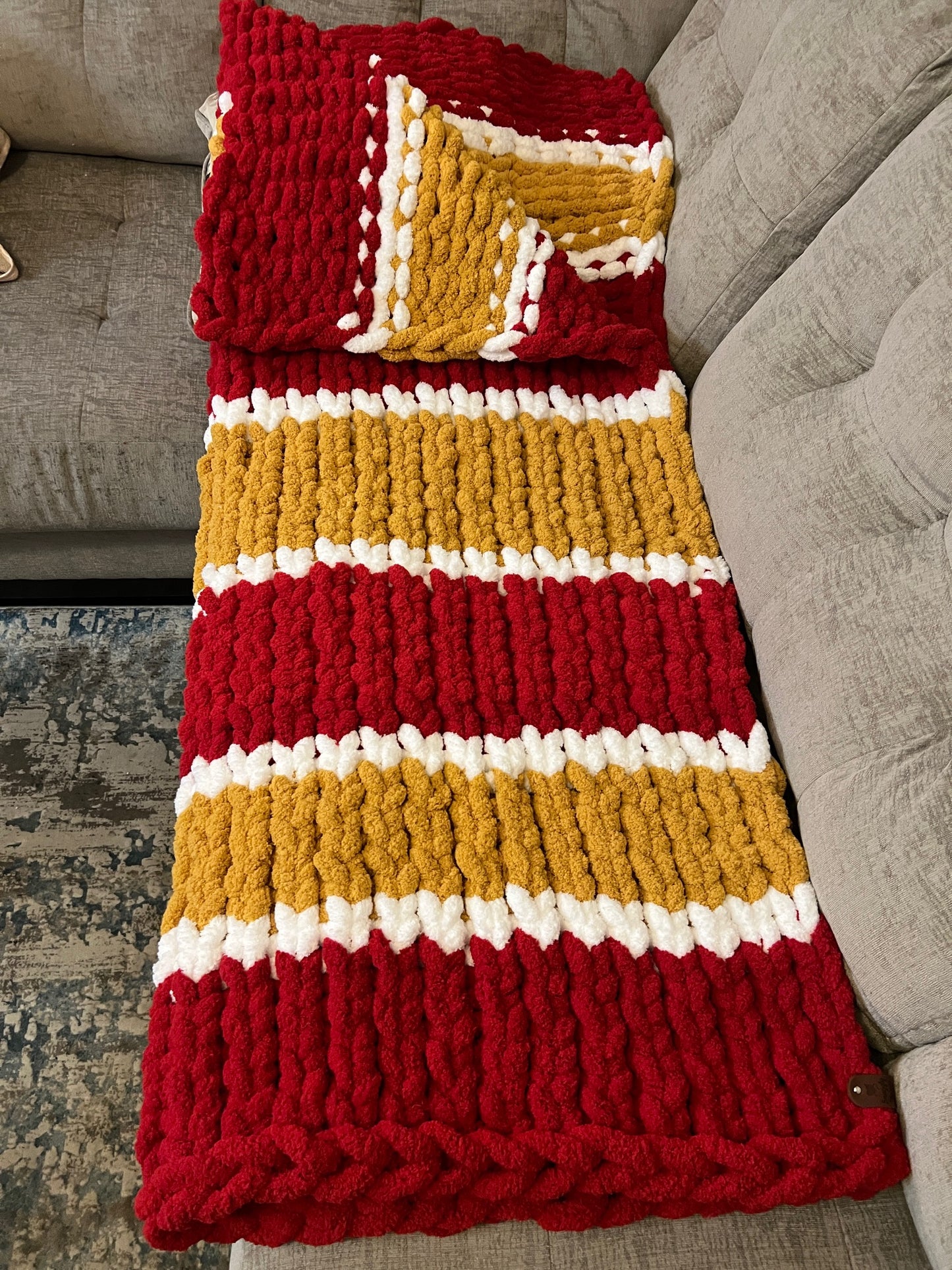 Custom Hand-Knit Chunky Throw Blanket | Red, White & Gold | Ultra Soft & Cozy