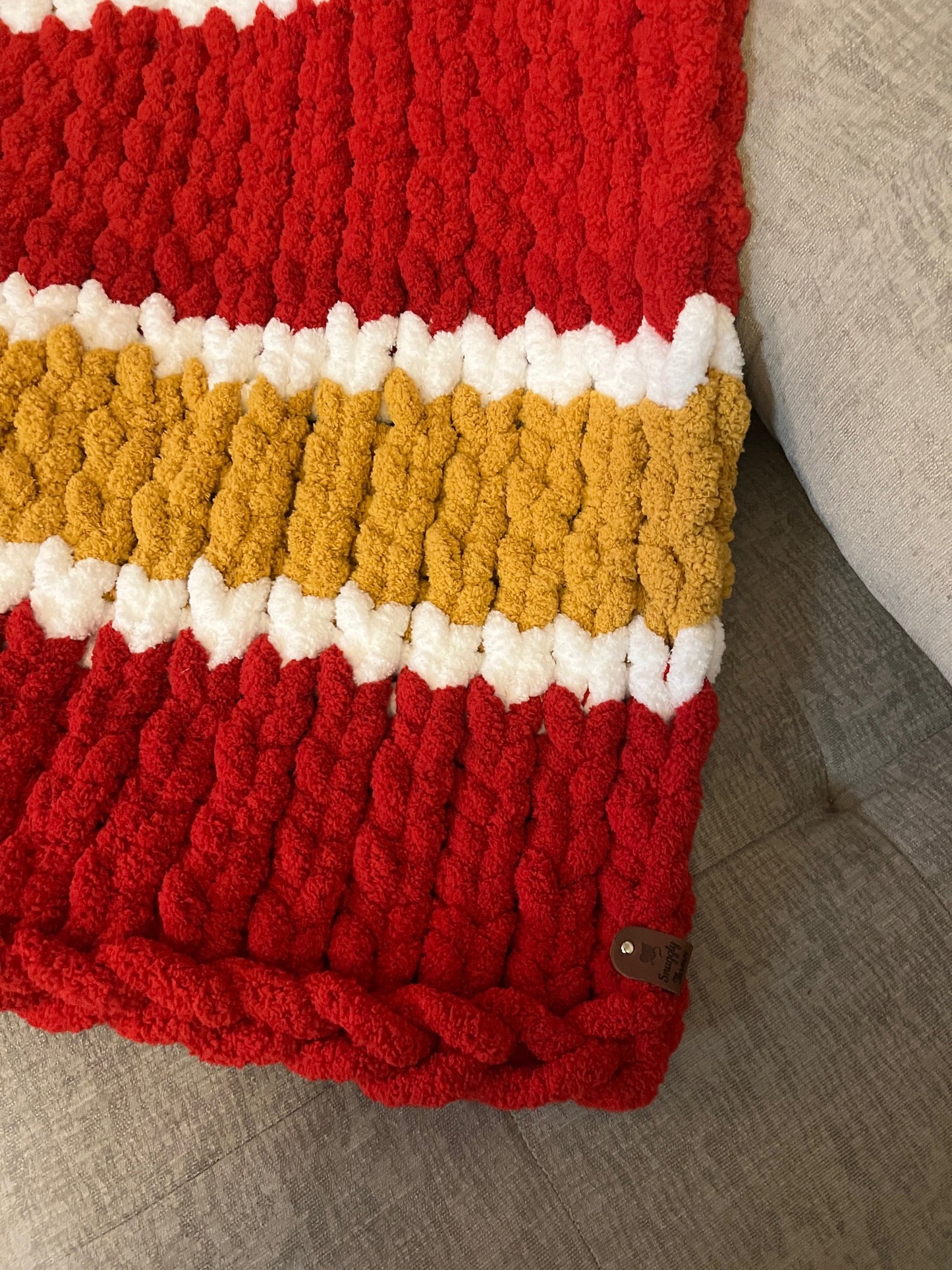 Custom Hand-Knit Chunky Throw Blanket | Red, White & Gold | Ultra Soft & Cozy