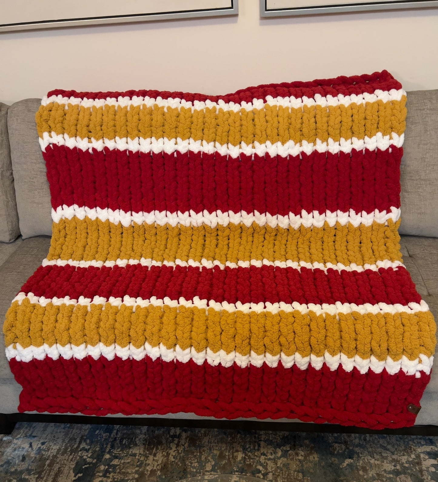 Custom Hand-Knit Chunky Throw Blanket | Red, White & Gold | Ultra Soft & Cozy