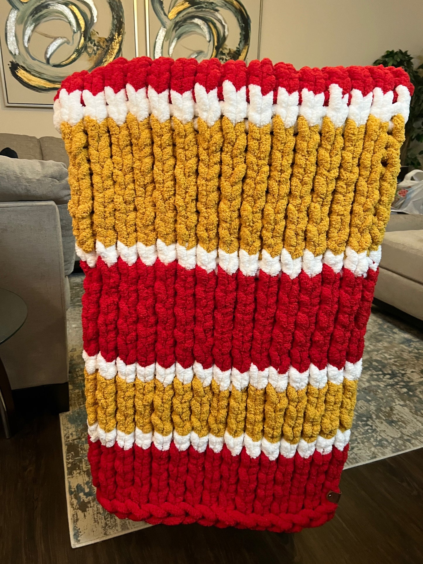 Custom Hand-Knit Chunky Throw Blanket | Red, White & Gold | Ultra Soft & Cozy