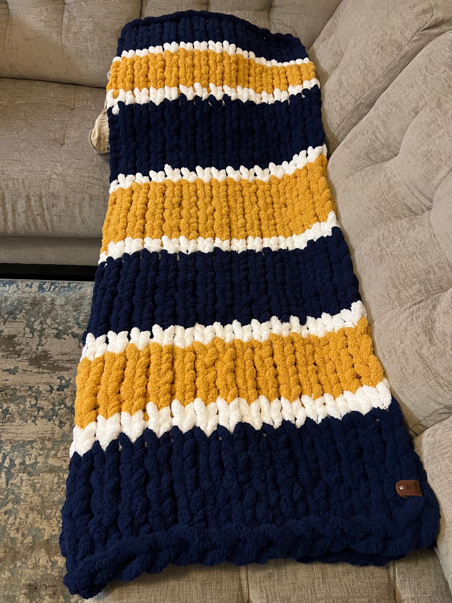 Custom Hand-Knit Chunky Throw Blanket | Navy, White & Gold | Ultra Soft & Cozy