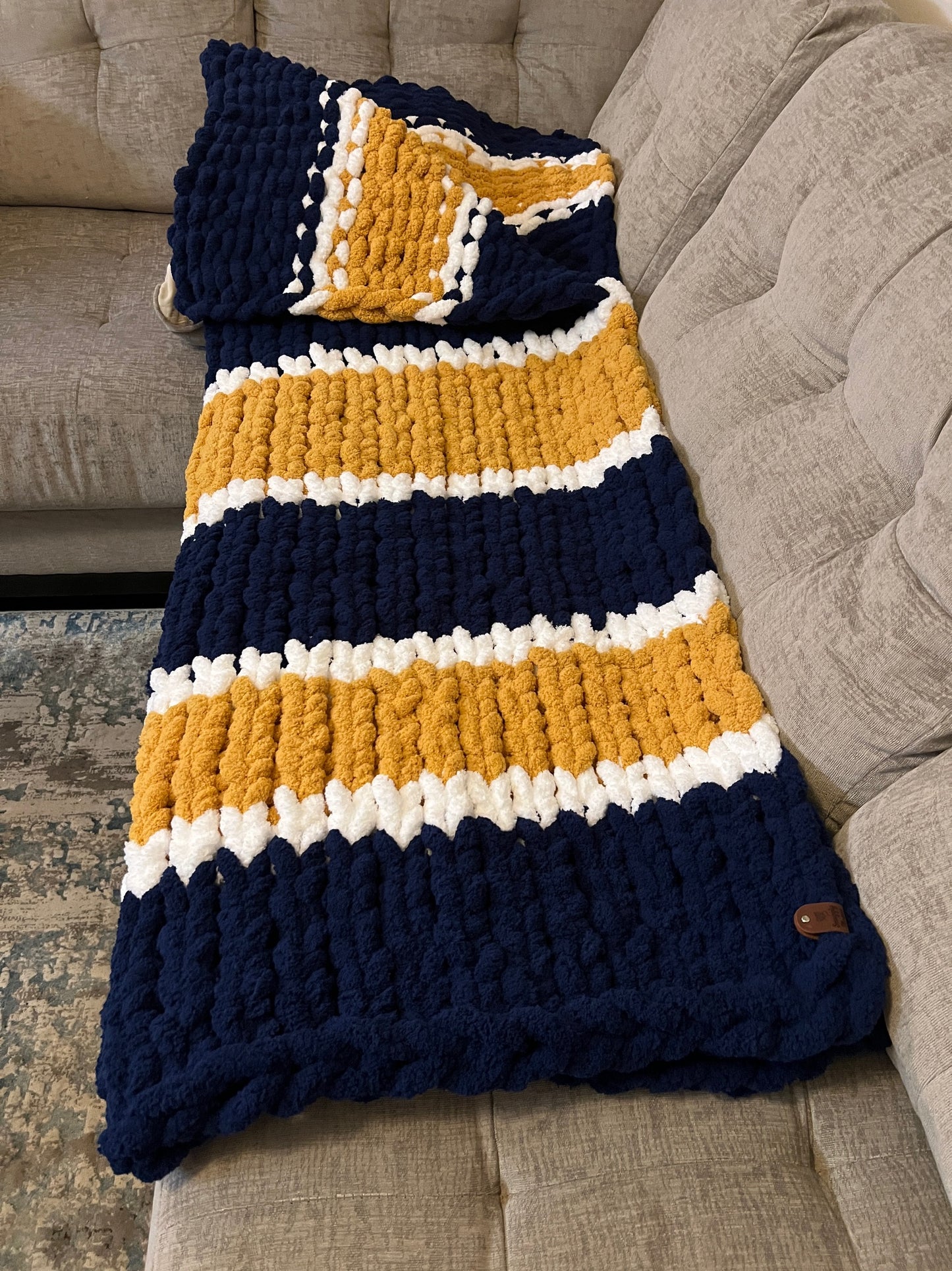 Custom Hand-Knit Chunky Throw Blanket | Navy, White & Gold | Ultra Soft & Cozy