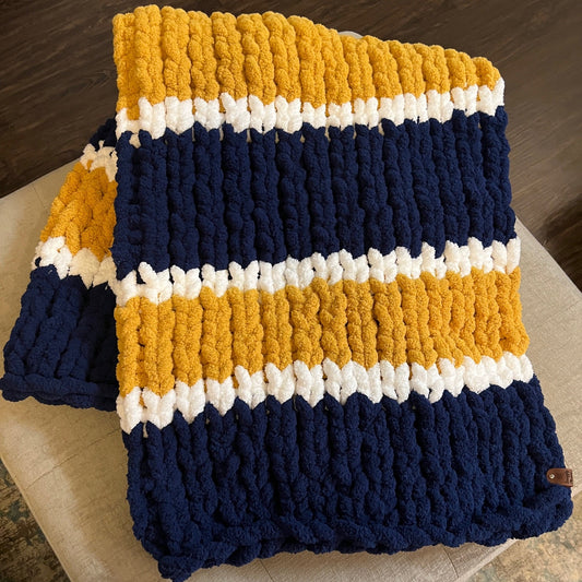 Custom Hand-Knit Chunky Throw Blanket | Navy, White & Gold | Ultra Soft & Cozy