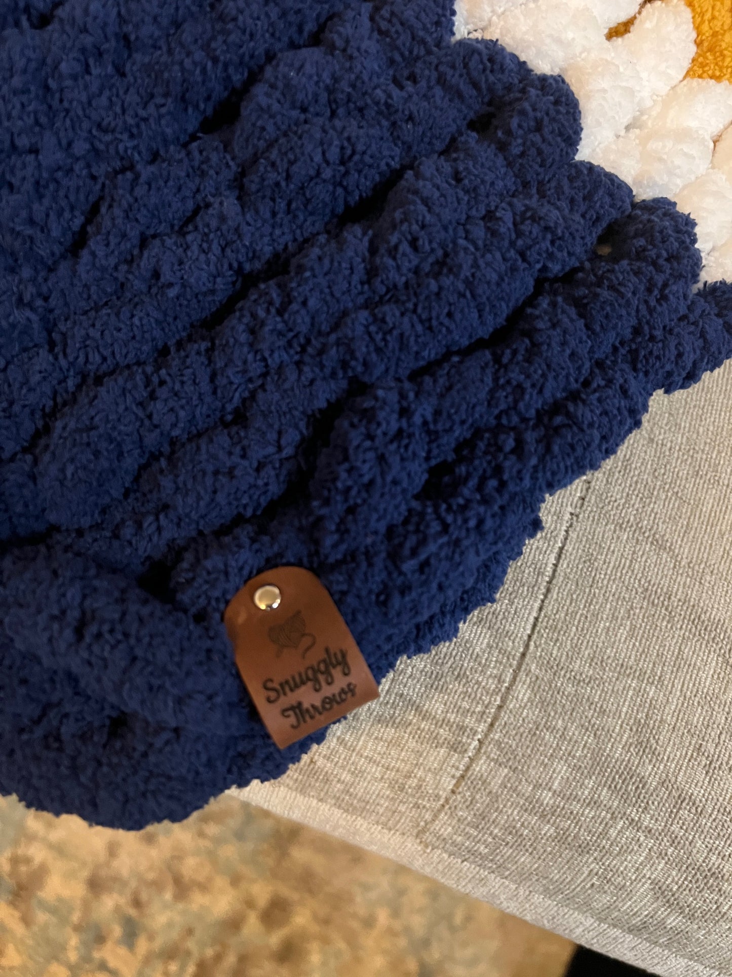 Custom Hand-Knit Chunky Throw Blanket | Navy, White & Gold | Ultra Soft & Cozy