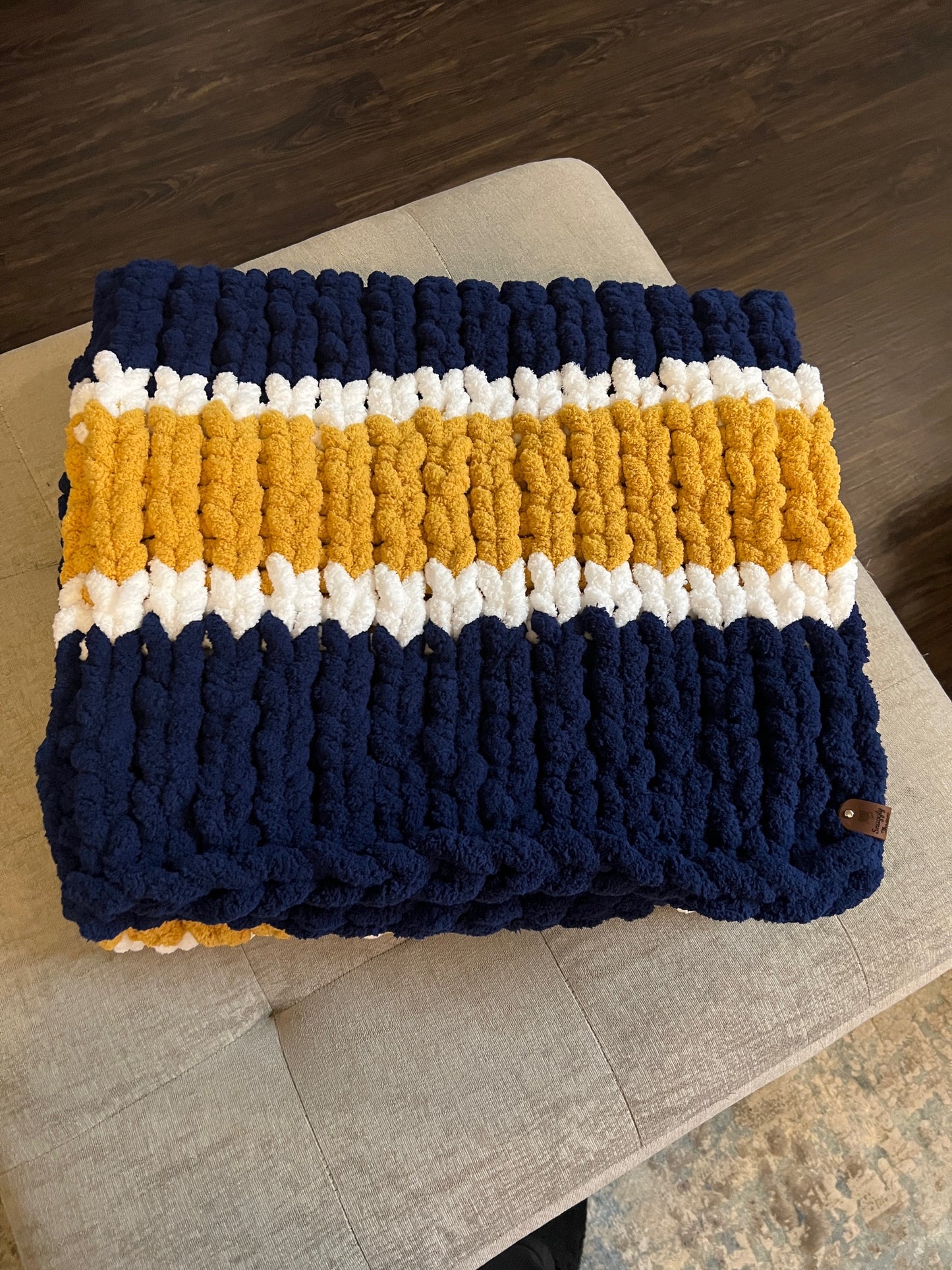 Custom Hand-Knit Chunky Throw Blanket | Navy, White & Gold | Ultra Soft & Cozy