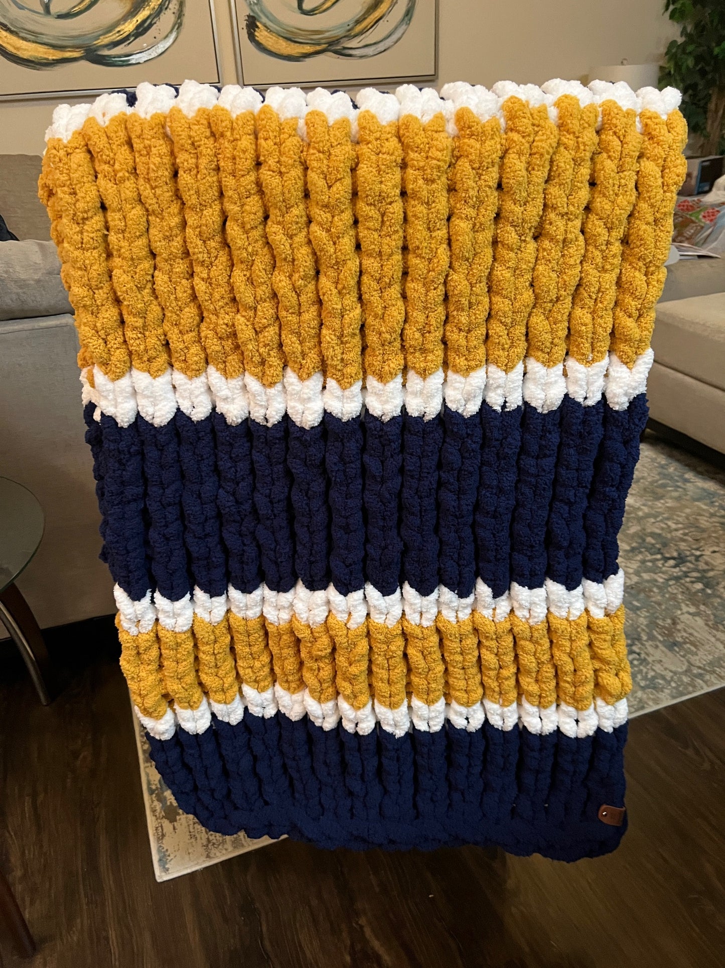 Custom Hand-Knit Chunky Throw Blanket | Navy, White & Gold | Ultra Soft & Cozy