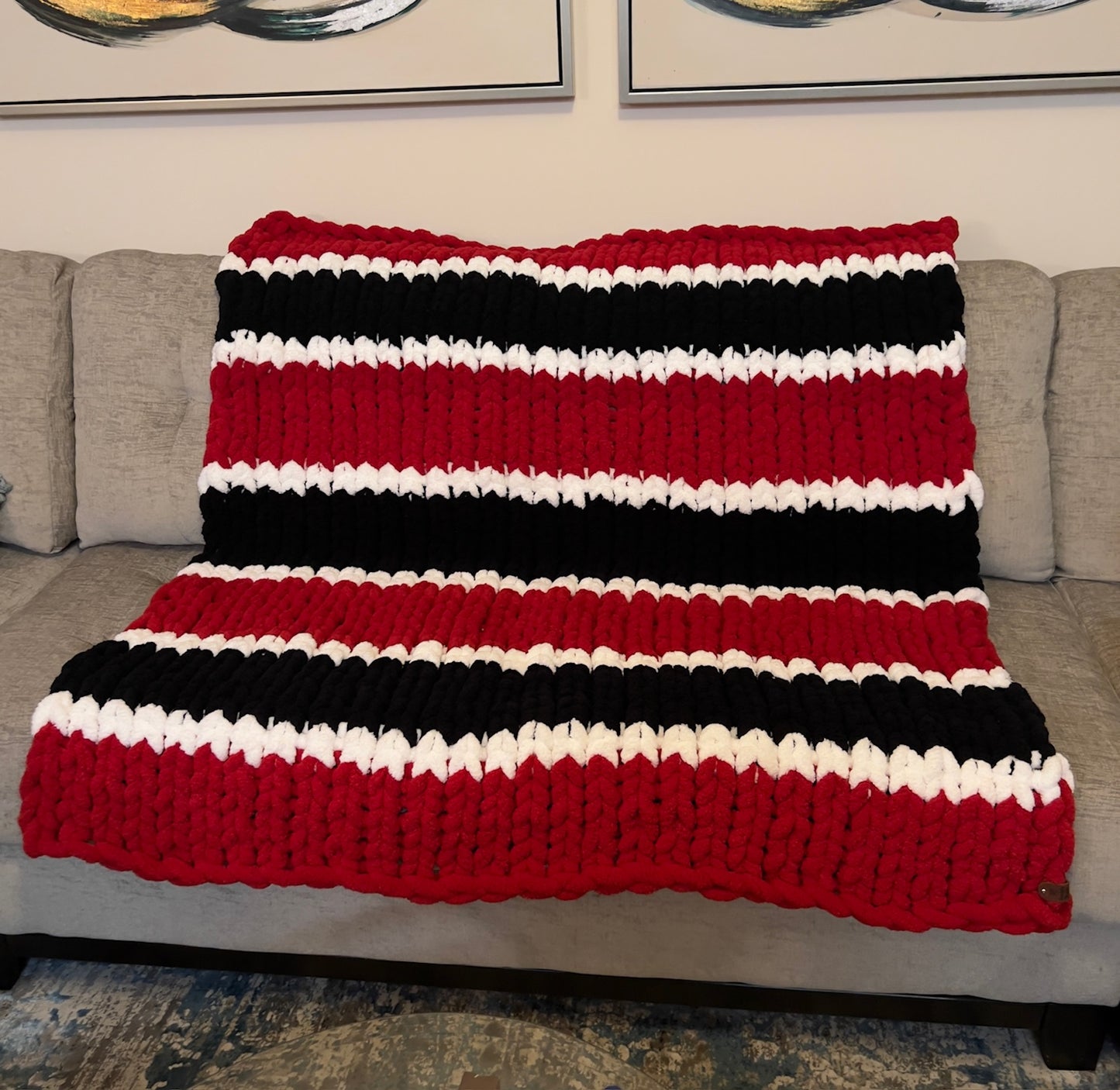 Custom Hand-Knit Chunky Throw Blanket | Red, White & Black | Ultra Soft & Cozy