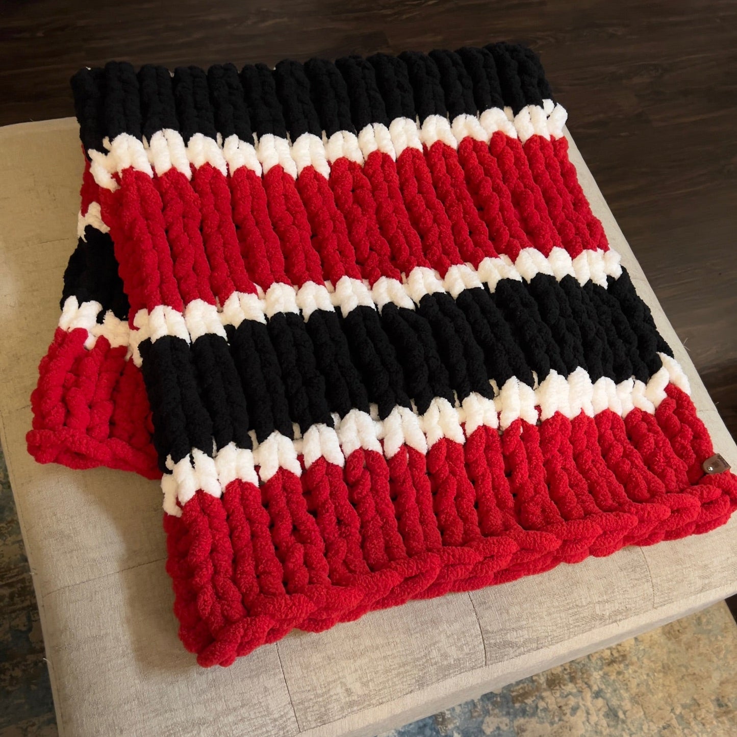 Custom Hand-Knit Chunky Throw Blanket | Red, White & Black | Ultra Soft & Cozy