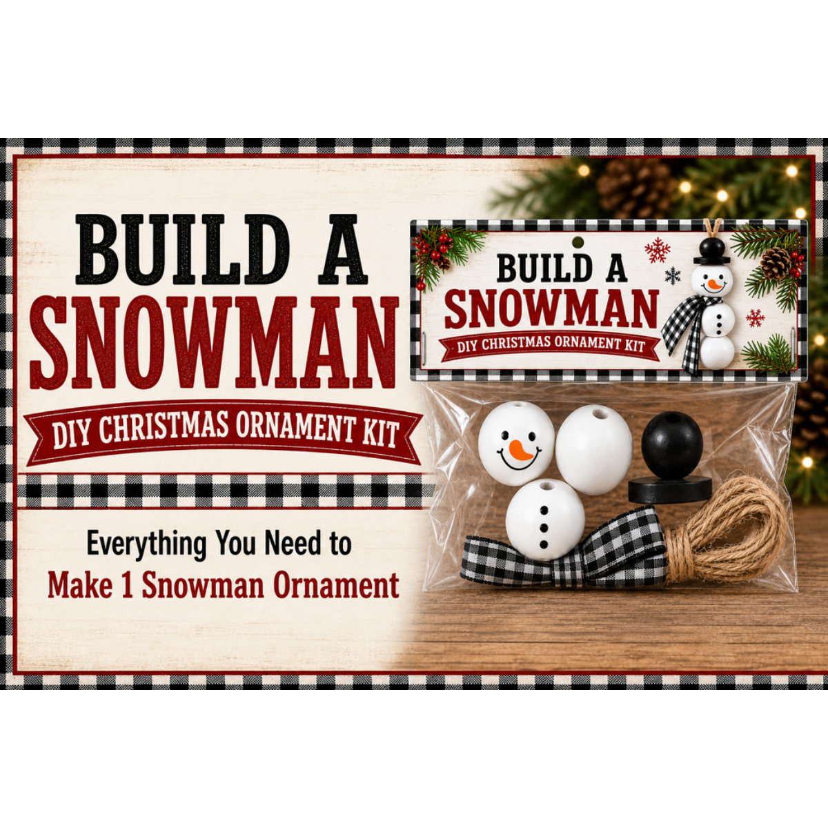 Build a Snowman Ornament Kit, DIY Christmas Craft, Wooden Bead Snowman
