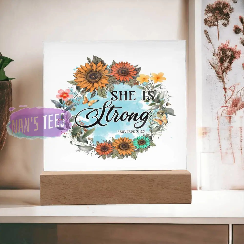 Acrylic Square Plaque | She Is Strong Proverbs 31:25 Home Decor