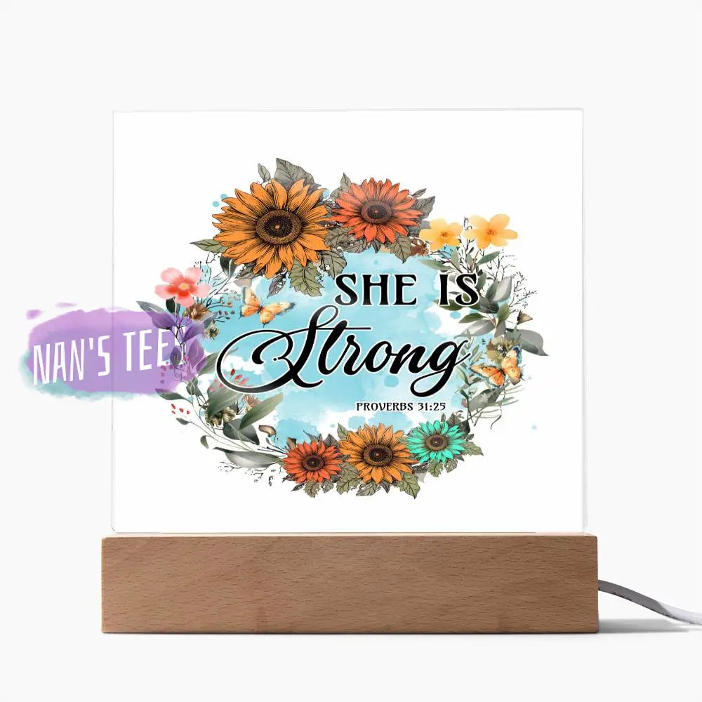 Acrylic Square Plaque | She Is Strong Proverbs 31:25 Home Decor