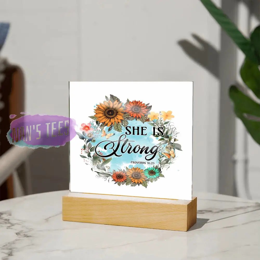 Acrylic Square Plaque | She Is Strong Proverbs 31:25 Home Decor