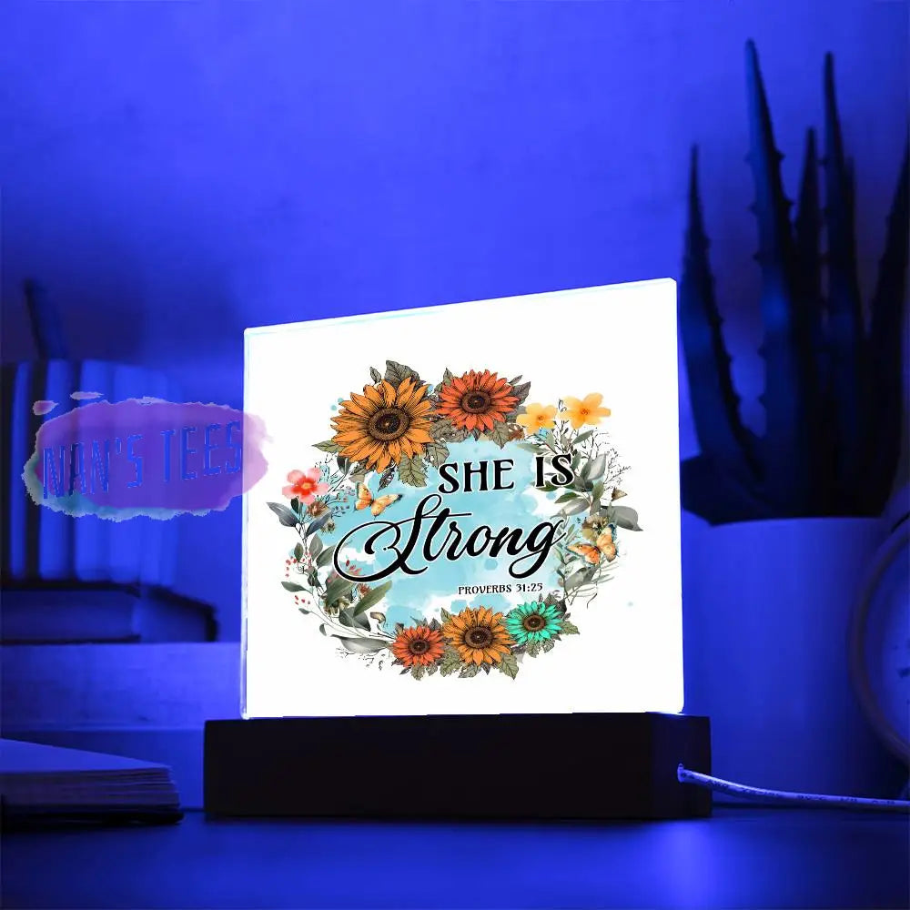 Acrylic Square Plaque | She Is Strong Proverbs 31:25 With Led Base Home Decor