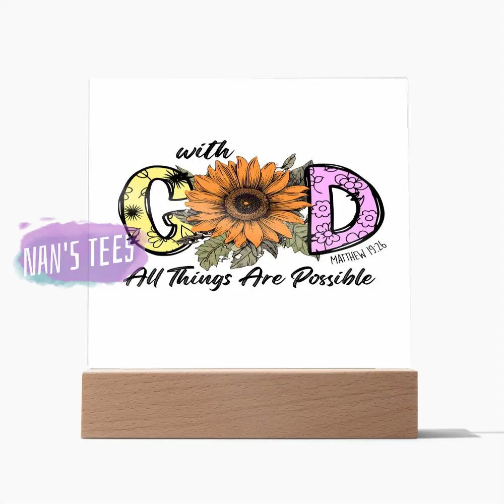 Acrylic Square Plaque | With God All Things Are Possible Matthew 19:26 Wooden Base Home Decor