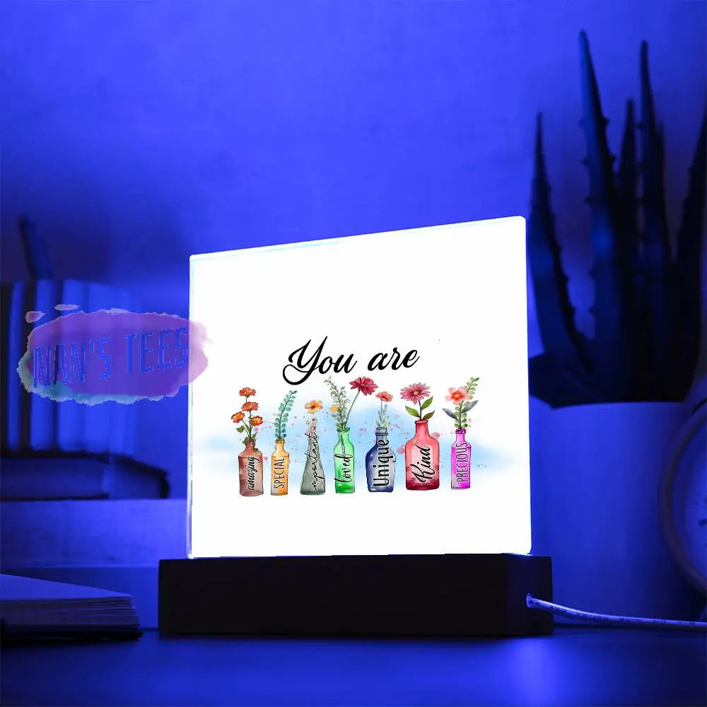 Acrylic Square Plaque | You Are Amazing Important Special Loved Unique Kind Precious With Led Base