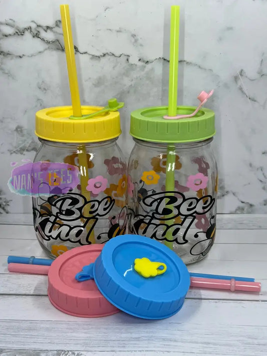 Bee Kind 16 Oz Glass Jars With Color Lid And Straw Mason Jar