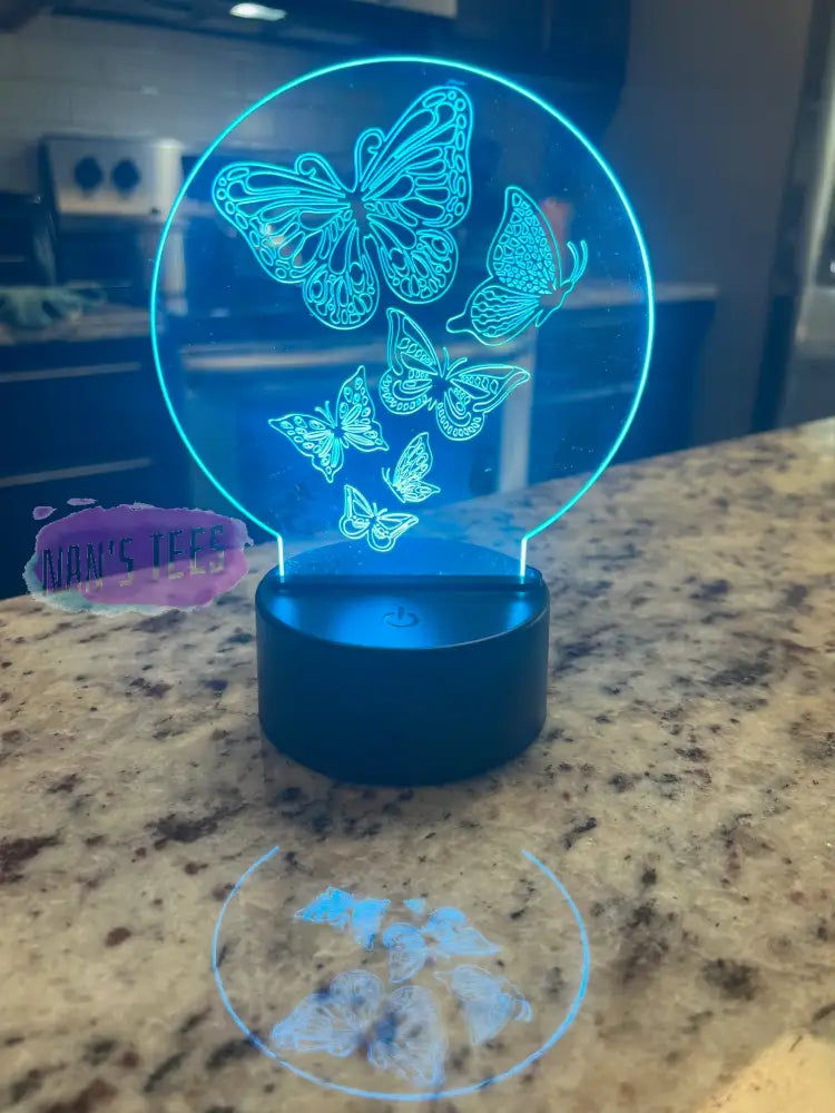 Butterflies Engraved Clear Acrylic 3D Led Night Light With Base And Remote