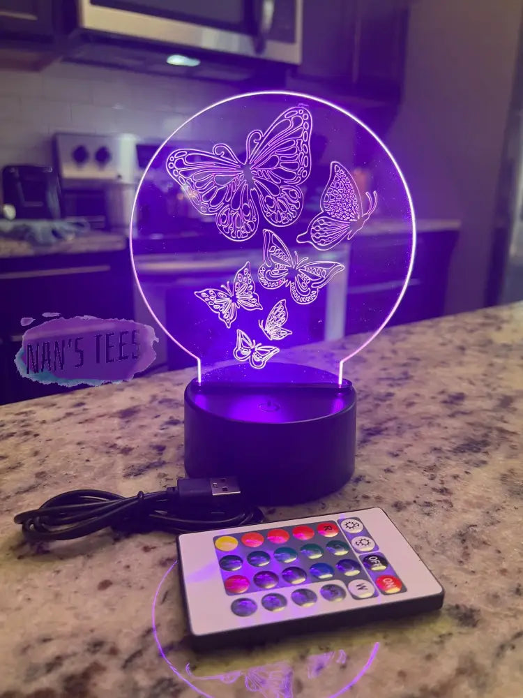 Butterflies Engraved Clear Acrylic 3D Led Night Light With Base And Remote