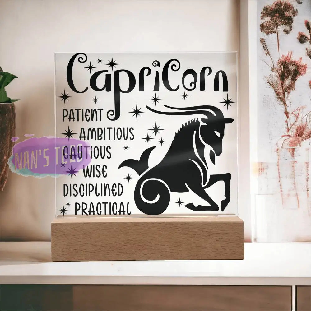 Capricorn Zodiac Sign Positive Traits | Acrylic Square Plaque Wooden Base Jewelry