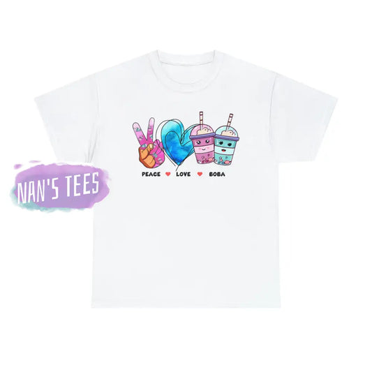 Peace Love Boba Short Sleeve Unisex Heavy Cotton Graphic Tee White / S T-Shirt