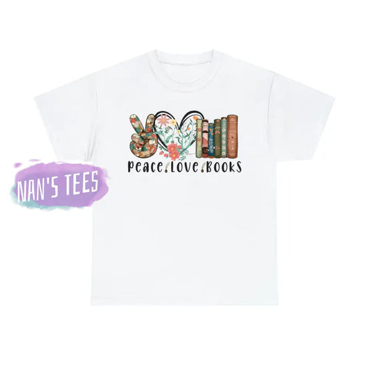 Peace Love Books Short Sleeve Unisex Heavy Cotton Graphic Tee White / S T-Shirt