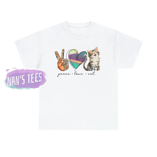 Peace Love Cat Short Sleeve Unisex Heavy Cotton Graphic Tee White / S T-Shirt