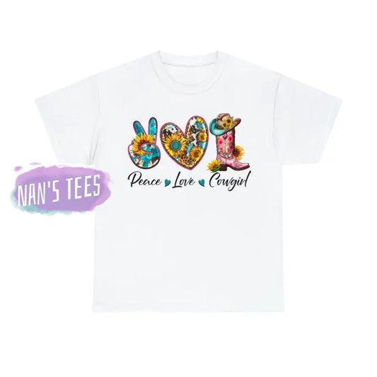 Peace Love Cowgirl Short Sleeve Unisex Heavy Cotton Graphic Tee White / S T-Shirt